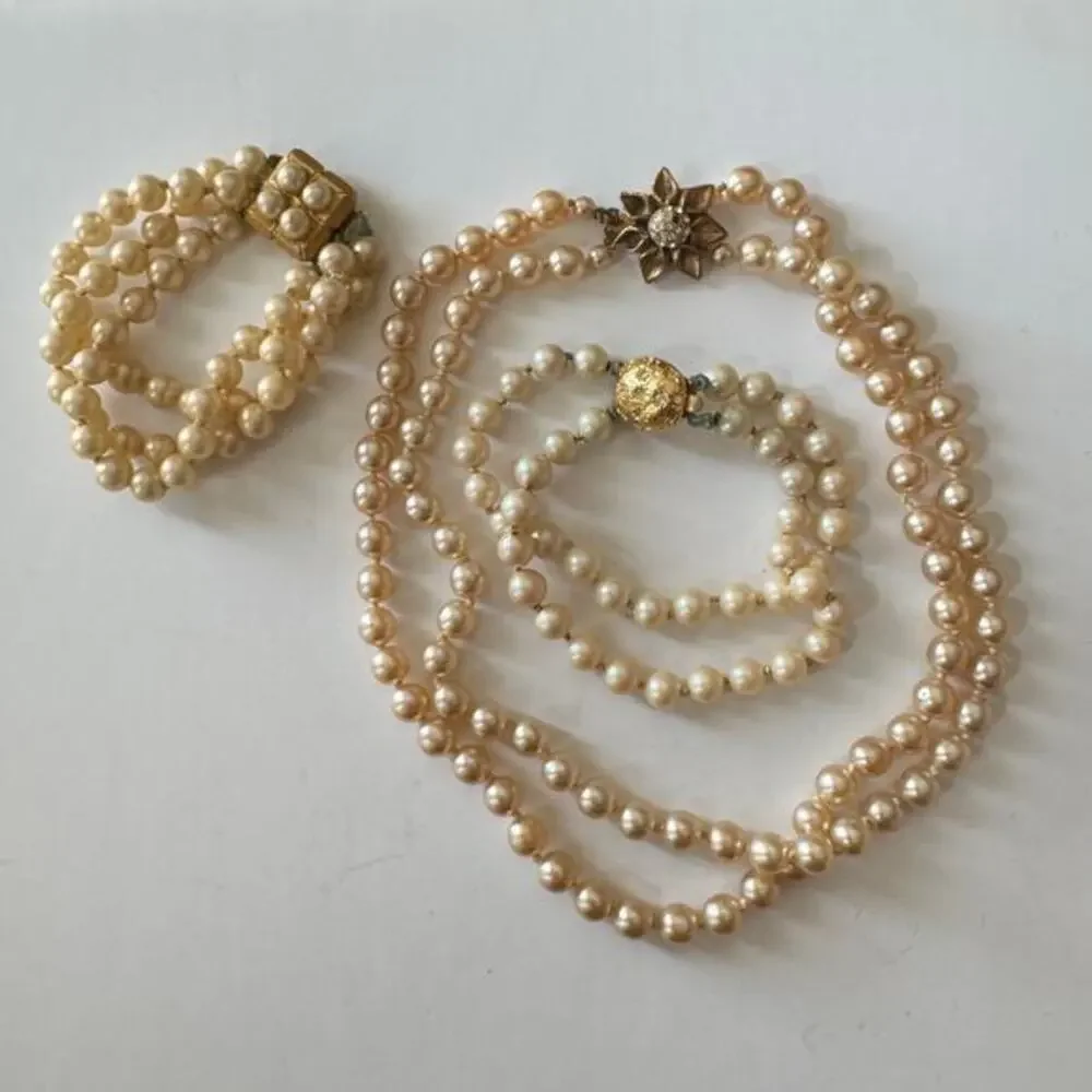 3 Vintage Faux Pearls and Gold Toned Bead Necklace and Two Bracelets 1950’s